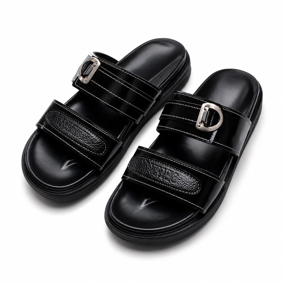 Mens Black Slide Sandals with Double Straps